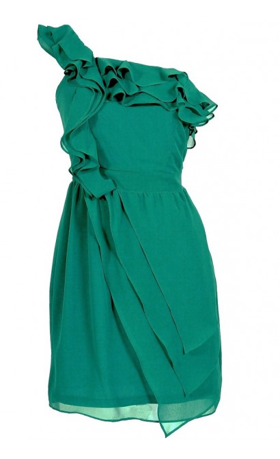 One Shoulder Chiffon Ruffle Designer Dress in Teal